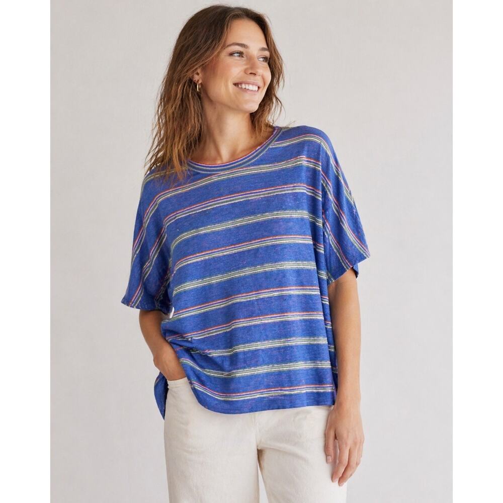 WRAP London Linen Top Blue Striped Oversized Tee US 14